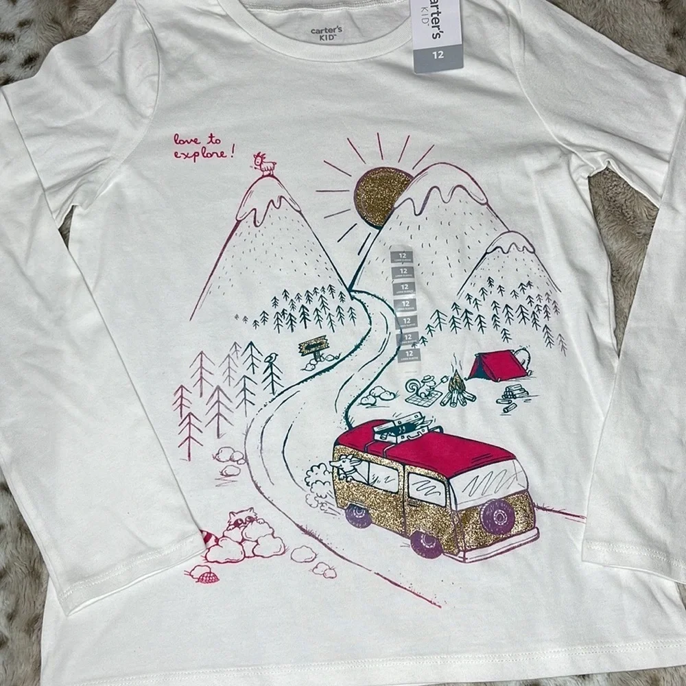 Carters Kid NWT Girls White Mountain Camping Long Sleeve Graphic Tee Shirt 12